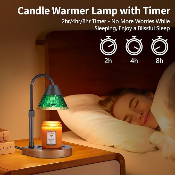 Dimmable Candle Warmer Lamp with Timer, Electric Wax Melt Warmer for Scented Jar Candles Adjustable Height Mothers Day Birthday Gifts for Women Mom Grandma, Home Offices Decor Light(Greens Glass)
