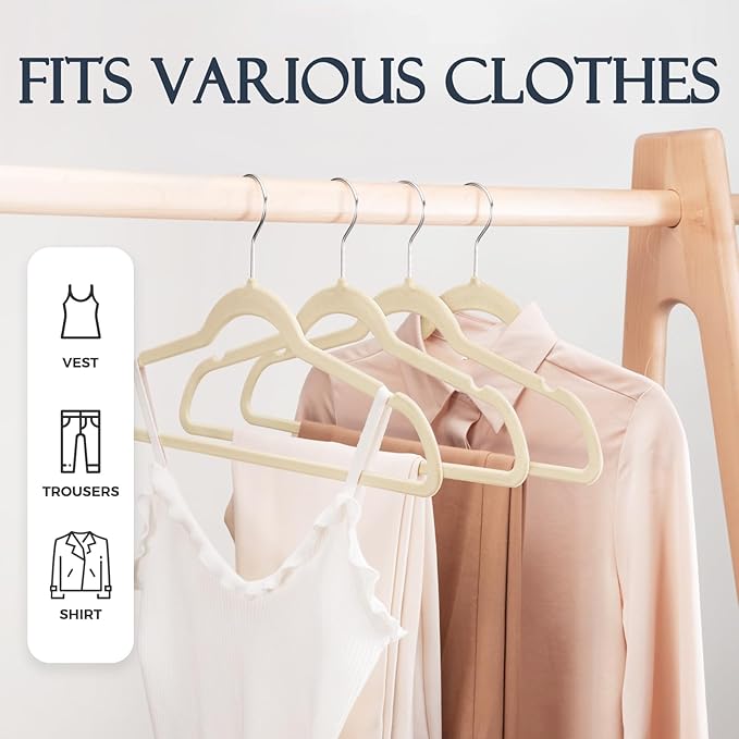 HOUSE DAY Beige Velvet Hangers 40 Pack, Non Slip Clothes Felt Hanger Heavy Duty for Coat, Premium Slim Space Saving Suit Hangers for Closet Organizer, 360° Rotating Silver Hook