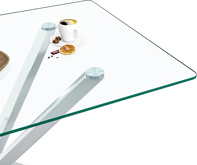 47" Tempered Glass Dining Table for 4, Modern Kitchen Table Rectangle Top, Geometric Metal Leg, for Apartment Dining Room Restaurant (Silver)