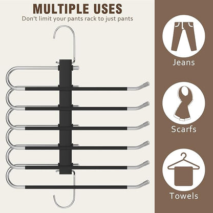 4 Pack 6-Tier Space Saving Pant Hangers, Anti-Slip, Lightweight, Stainless Steel, Black, 6 Pairs Jeans Hangers