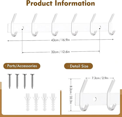 FANYITY 2 Pack White Coat Rack Wall Mount, Coat Hooks for Wall, Entryway Coat Hanger Wall Mounted with 6 Double Dual Hooks for Purse Jacket Hat