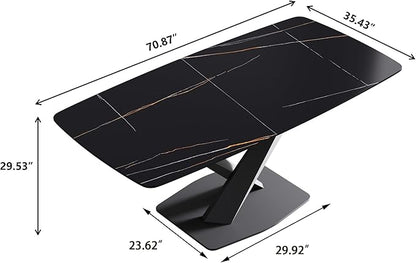 Modern Rectangle Marble Dining Table for 6,71" Black Sintered Stone Top Dining Table,Rectangle Dining Room Table with X-Shape Carbon Steel Pedestal for Kitchen/Living Room(Table Only)