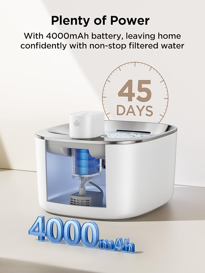 Wireless Cat Water Fountain with Sensor, 4000mAh Battery Operated, FEELNEEDY 4L/135 fl oz Pet Water Fountain for Cats and Dogs, Ultra Quiet Cat Drinking Fountain with 2 Filters (White YPD-C004P)
