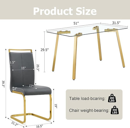 Dining Table Set of 4,51" Rectangle Tempered Glass Top with Golden Chrome Legs,Kitchen Room Table with 4 Grey Faux Leather Chairs,Dinner Table Set for Dining Room Office