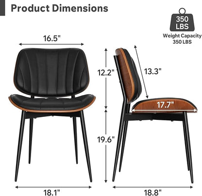 Dining Chairs Set of 2, Mid Century Modern Dining Room Chair, Upholstered Faux Leather Kitchen Chairs with Walnut Bentwood Back and Metal Legs for Kitchen Dining Room Living Room, Black