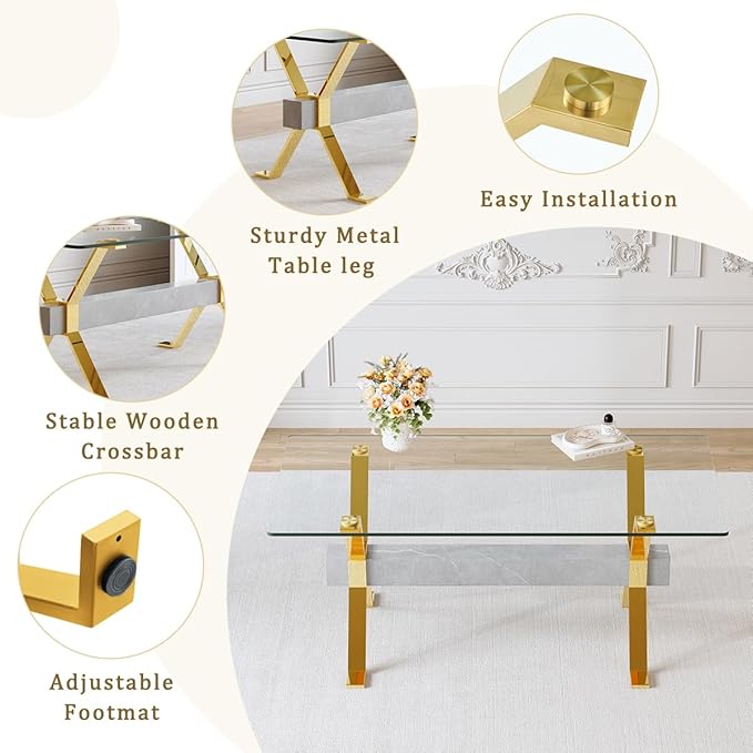 Glass Dining Table 71"｜Modern Dining Table for 6-8｜0.4" Thick Tempered Glass Top｜Chrome Gold Metal Legs｜Grey Crossbar｜Easy Assembly｜Perfect for Dining Room or Kitchen