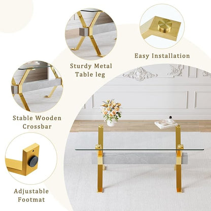 Glass Dining Table 71"｜Modern Dining Table for 6-8｜0.4" Thick Tempered Glass Top｜Chrome Gold Metal Legs｜Grey Crossbar｜Easy Assembly｜Perfect for Dining Room or Kitchen