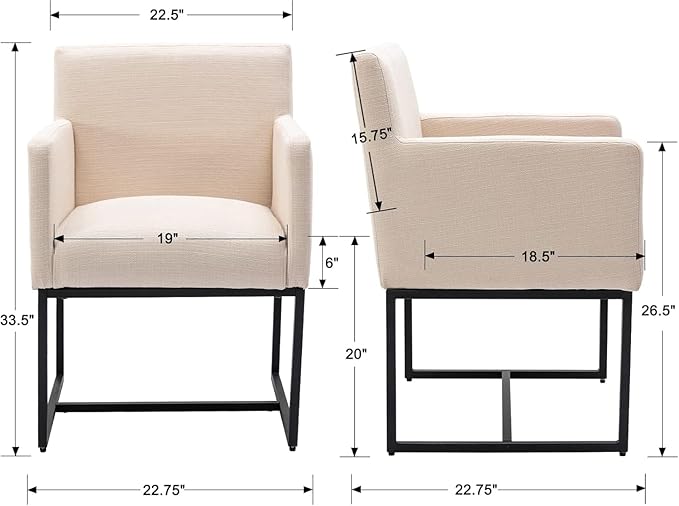 Linen Upholstered Dining Chairs with Arms Set of 2 Mid Century Modern Accent Chairs Armchairs with Black Metal Frame, Modern Kitchen & Dining Room Chairs, Cream
