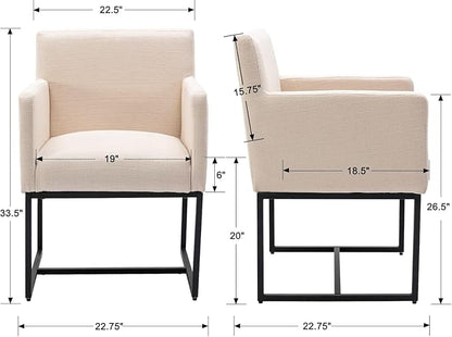 Linen Upholstered Dining Chairs with Arms Set of 2 Mid Century Modern Accent Chairs Armchairs with Black Metal Frame, Modern Kitchen & Dining Room Chairs, Cream