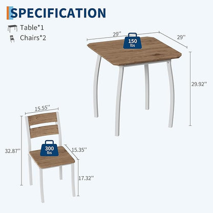 GAOMON Dining Table Set for 2, 3 Piece Small Kitchen Table and 2 Chairs with Metal Frame & Wood Grain Tabletop, Space-Saving for Small Space, Apartment, Kitchen, Dining Room, White/Natural