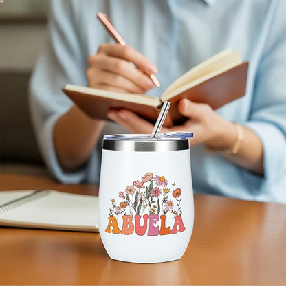 Abuela Grandma Birthday Gifts Wine Tumbler 12 oz Insulated Wine Glass Cup with Lid Straw Vacuum Insulated Travel Cup,Grandma Gifts from Granddaughter for Women Grandmother Christmas Mothers Day