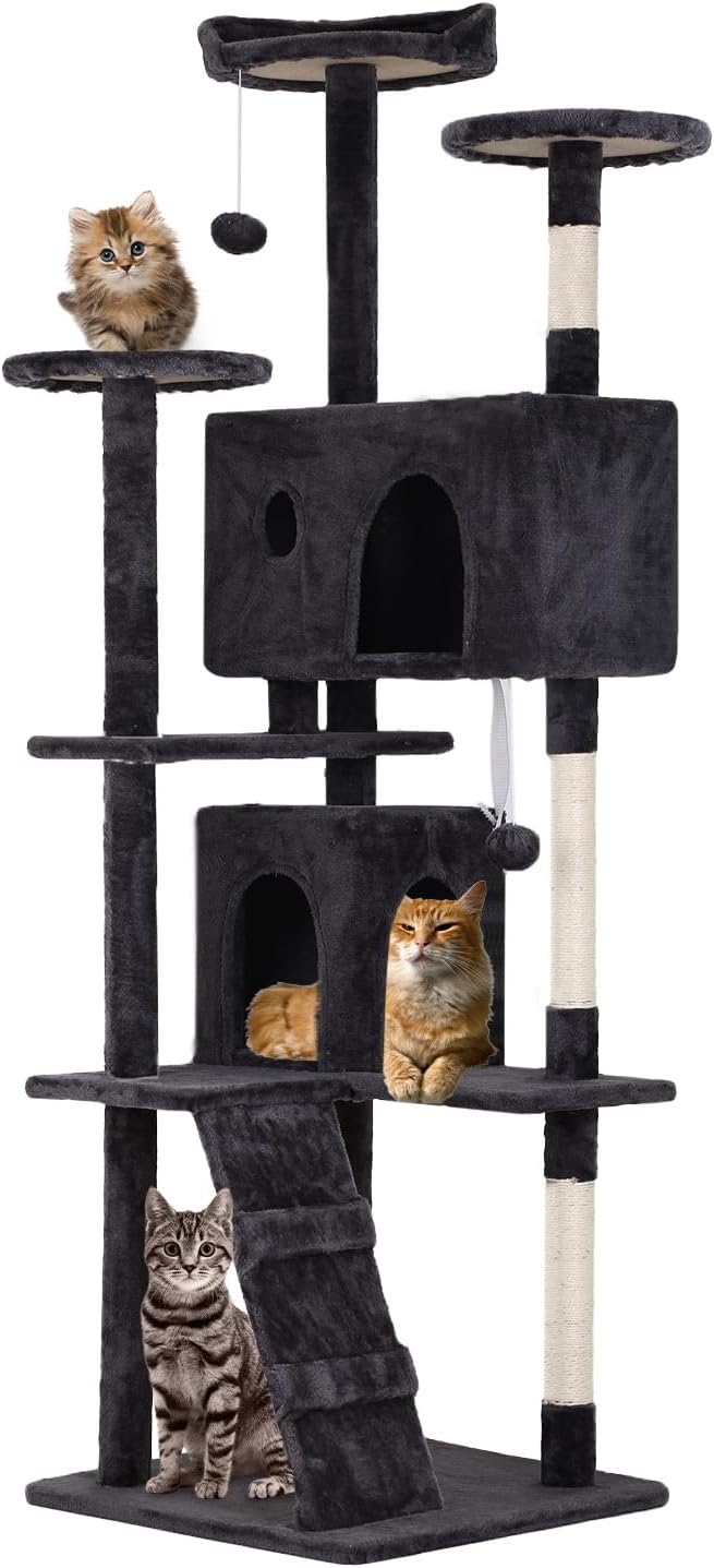 FDW | 70" Cat Tree Tower | Dark Gray | Multi-Level Indoor Activity Center with Sisal Scratching Posts, Condos, Plush Perches, Hanging Cat Toys | Sturdy, Easy to Assemble | for Kittens & Adult Cats