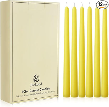 New Burning Formula Unscented Dripless 10-Inch Taper Candles Set of 12 - Yellow, for Wedding, Dinner - Smokeless, Long Burning - Hand Poured, Colored Tall Candlesticks - Amarillo