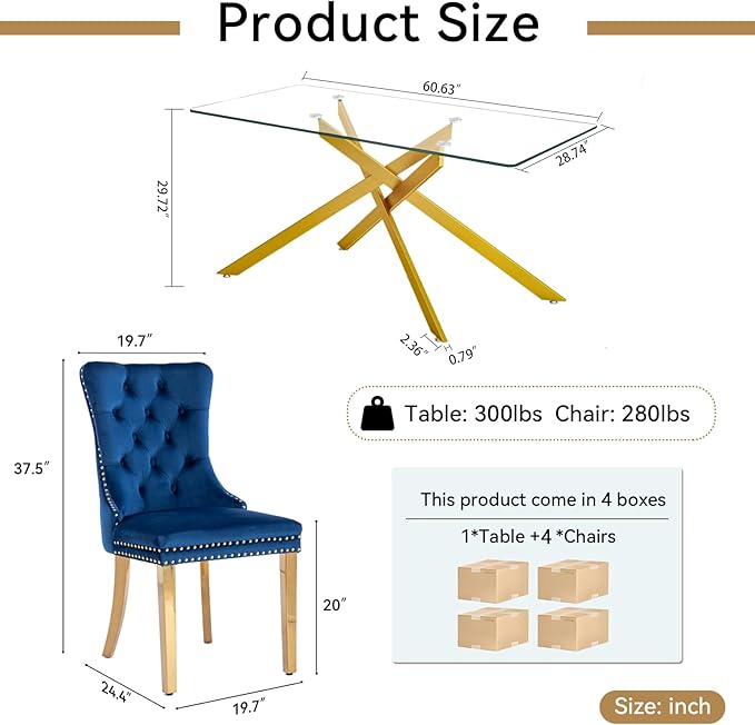 Goujxcy Glass Dining Table Set for 4, Modern Kitchen Table and Chairs Set of 4, 5-Piece Kitchen Dining Room Table Set w/61 Glass Gold Dining Table and 4 Blue Velvet Upholstered Chairs