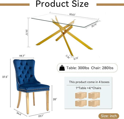 Goujxcy Glass Dining Table Set for 4, Modern Kitchen Table and Chairs Set of 4, 5-Piece Kitchen Dining Room Table Set w/61 Glass Gold Dining Table and 4 Blue Velvet Upholstered Chairs