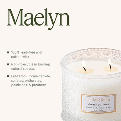 LA JOLIE MUSE Jasmin du Lotus Candle - Ivy, Jasmine, Cedarwood | 12 oz Large 2-Wick Soy Wax Candle | 60 Hours Clean Burn | Floral Scented Candle | Gift-Ready for Hosts & Gatherings