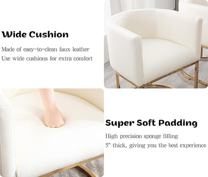 Faux Leather Dining Chairs Set of 3 Modern Barrel Armchairs with Golden Metal Frame, Upholstered Kitchen Chairs 18.5" Wide Accent Chairs for Living Dining Restaurant, White
