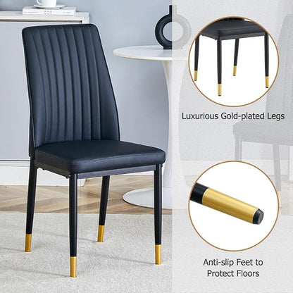 Modern Dining Table Set for 6, Marble Kitchen Table Chair Set for 6, Rectangular Kitchen Table with 6 Pu Leather Upholstered Chair for Dining Room (Black)