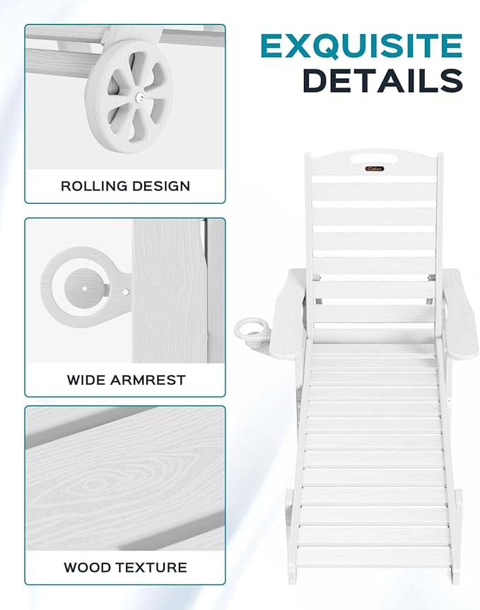 Outdoor Chaise Lounge Chair Set of 2, Patio Lounge Chairs for Outside, HDPE Lounge Chairs with Wheels & Cup Holder, Poly Lounge Chair with 5 Position for Poolside, Deck, White