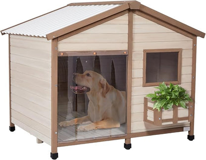Petsfit All-Season Large Wooden Dog House Outdoor for Extra Large Breeds up to 200lbs, Insulated Weatherproof Shelter with PVC Roof & Elevated Floor, Easy Assembly, 47-Inch, Off-White