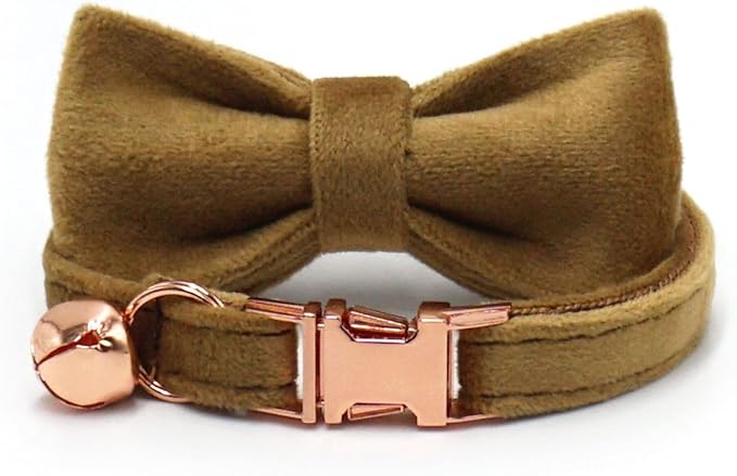 Personalized Cat Collar with Bells,Velvet Customized Small Cat Collar with Name Tag,Pet Collar with Name Phone Number Engraved ID Tags for Boy and Girl Kitten Cats (Camel Color)