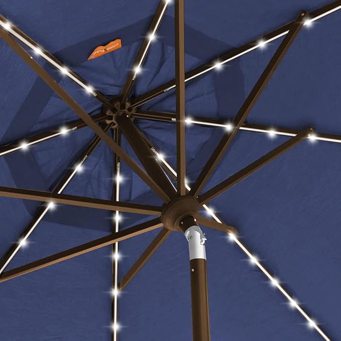 EliteShade USA 10-Year-Non-Fading Solar 9ft Market Umbrella with 80 LED Lights Patio Umbrellas Outdoor Table Umbrella with Ventilation, Navy Blue
