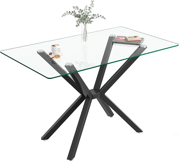 47'' Modern Glass Dining Table for 2-4 People, Rectangular Dining Room Table with Black Metal Legs, Clear Tempered Glass Top Dining Table for 4, Cpmpact Dinner Kitchen Table for 4