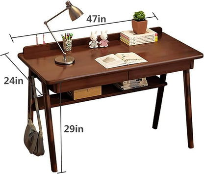 Solid Wood Writing Desk, 47" Mid-Century Modern Walnut Desk, Home Office Computer Desk with 2 Drawers and Storage Shelf, Laptop Desk, Study Table, Work Desk Station
