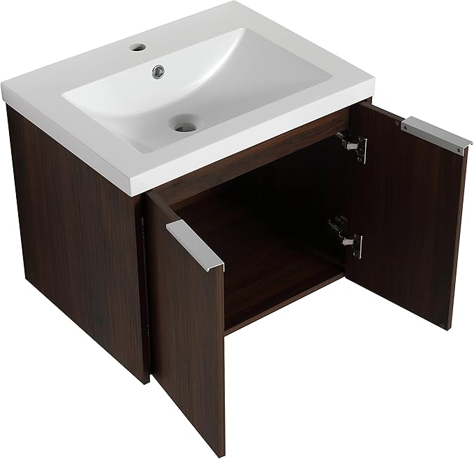 Goujxcy 24" Wall Mounted Bathroom Vanity with Sink, Modern Floating Bathroom Cabinet with White Resin Wash Basin & Storage Cabinet, Soft-Close Door Wood Hanging Bath Room Cabinet