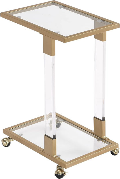 Goujxcy Clear Sofa Side Table C Shaped End Table with Wheels, Rolling Acrylic Bedside Laptop Snack Table TV Tray, Mobile Breakfast Tray Table with Tempered Glass Shelves and Clear Acrylic Frame