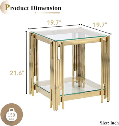 Goujxcy Glass Coffee Table and End Table Set of 3, Luxury Coffee Table Set with Tempered Glass & Gold Stainless Steel Legs, 3 Piece Living Room Table Set for Bedroom Home Office