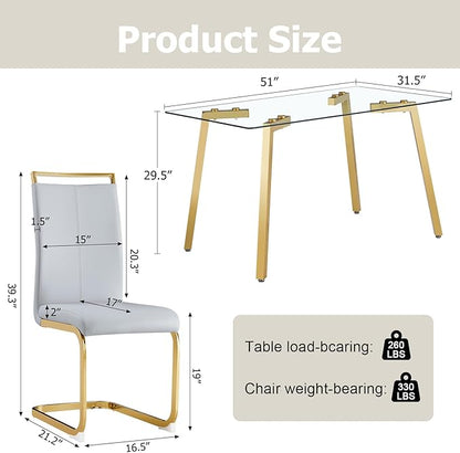 Dining Table Set of 4,51" Rectangle Tempered Glass Tabletop with Golden Metal Legs,Kitchen Room Table with 4 Light Grey Faux Leather Chairs,Dinner Table Set for Dining Room Office