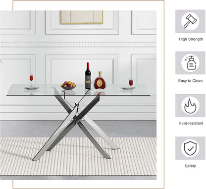 Goujxcy Glass Dining Table Set for 6, Modern Kitchen Table and Chairs Set of 6, 7-Piece Kitchen Dining Room Table Set w/51 Glass Metal Dining Table and 6 Grey Velvet Upholstered Chairs