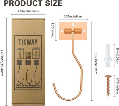 Banana Hanger Hook – Space Saving Banana Holder Hanger to Keep Bananas Fresh, Self Adhesive and Screw Banana Hook 1Pack Rose Gold