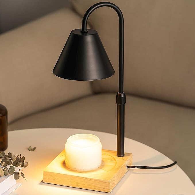 Black Dimmable Candle Warmer Lamp, Adjustable Height, Timer, Wooden Base, for Scented Wax with 2 Bulbs