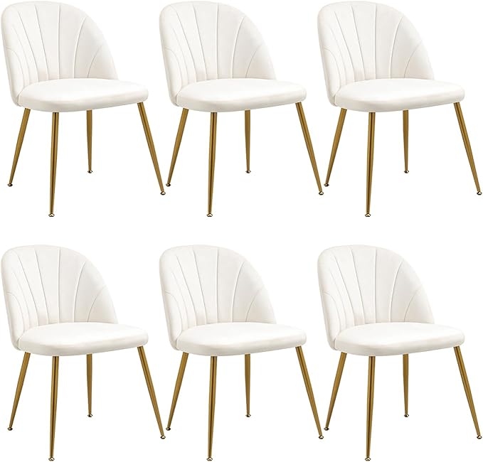 Velvet Dining Chairs Set of 6, Mid-Century Modern Upholstered Kitchen Chair with Metal Gold Legs for Living Room, Dining Room, White