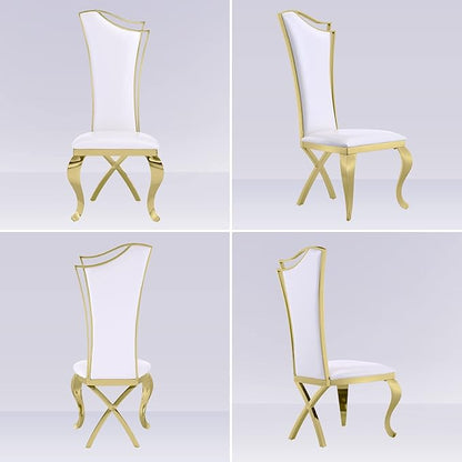 White and Gold Dining Chairs Set of 8, White PU Leather Dining Room Chair with Gold Polished Metal Legs, Glam Upholstered Kitchen Chairs for Dining Room, Kitchen, Living Room