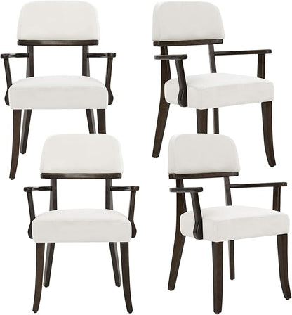 Modern Wood Dining Chairs with Arms Set of 4, Velvet Upholstered Kitchen Chairs with Open Curved Backrest & Black Hardwood Legs, Accent Chairs 350 LBS Capacity, White