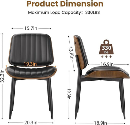 Dining Chairs Set of 8, FSC Certified Mid Century Modern Dining Room Kitchen Chairs, Upholstered PU Leather Vertical Stripe Chairs for Vanity with Walnut Bentwood and Metal Legs, Black