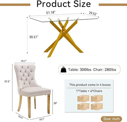 Goujxcy Glass Dining Table Set for 6, Modern Kitchen Table and Chairs Set of 6, 7-Piece Kitchen Dining Room Table Set w/51 Glass Gold Dining Table and 6 Beige Velvet Upholstered Chairs