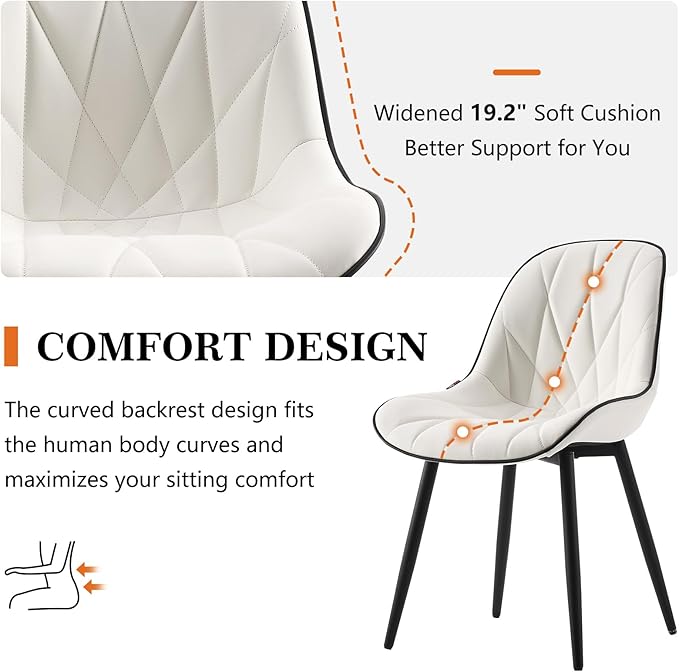 Rowill Modern Dining Chairs Set of 2 - White Faux Leather Upholstered Kitchen Chairs with Soft Cushion Backrest, Sturdy Metal Legs & Non-Slip Pads, Suitable for Home Dining Room, Kitchen