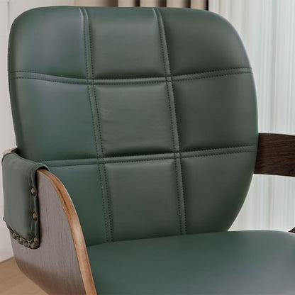 Set of 2 MCM dining Chairs - Swivel Faux Leather Dining Chairs with Arms and Curved Back, Bentwood Structure, Walnut Craftsmanship, Versatile for Kitchen/Restaurant/Conference Room (Walnut Green)