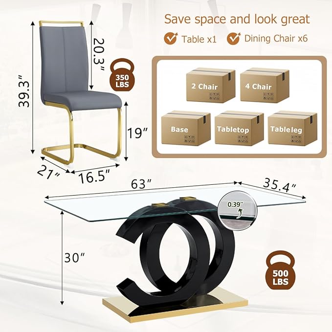 gopop 63'' Glass Dining Table Set for 6, Modern Kitchen & Dining Room Set, Rectangular Table with Clear Glass Top, Black Legs, Gold Metal Base, 6 PU Leather Chairs, Easy Assembly