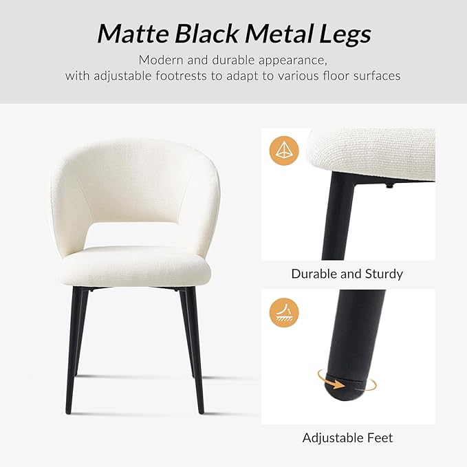 Contemporary Dining Chairs with Armrests – Ergonomic Soft-Padded Seat, Curved Backrest, Matte Black Metal Legs, Comfortable Kitchen & Dining Room Chairs, Set of 2