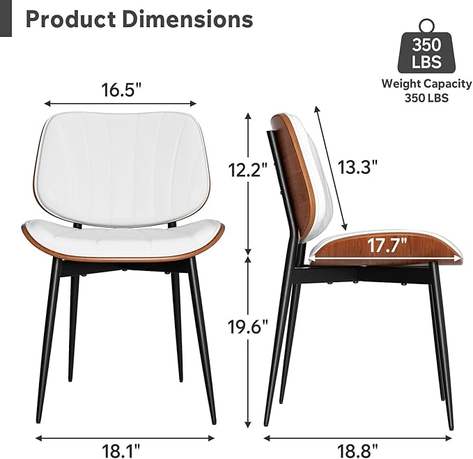 Dining Chairs Set of 2, Mid Century Modern Dining Room Chair, Upholstered Faux Leather Kitchen Chairs with Walnut Bentwood Back and Metal Legs for Kitchen Dining Room Living Room, White