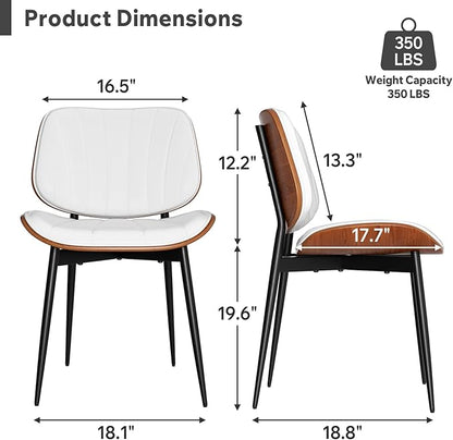 Dining Chairs Set of 8, Mid Century Modern Dining Room Chair, Upholstered Faux Leather Kitchen Chairs with Walnut Bentwood Back and Metal Legs for Kitchen Dining Room Living Room, White