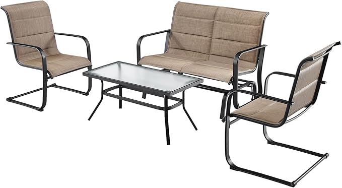 Tangkula 4 Pieces Outdoor Furniture Set, Patio Conversation Set with Coffee Table, 2-Person Swing Glider Loveseat and 2 Spring Motion Dining Chairs, Sectional Sofa Set with Cotton Padded (Brown)