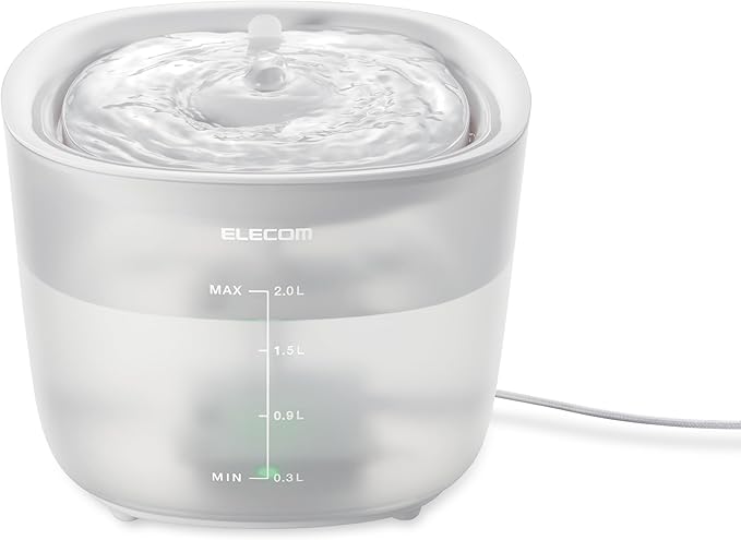 ELECOM Silent Pet Water Fountain for Cats and Dogs, 9dB Ultra Quiet Operation, 2L Capacity, Easy to Disassemble & Clean, 3-Layer Filtration, Wireless Pump, LED Light Modes (White)