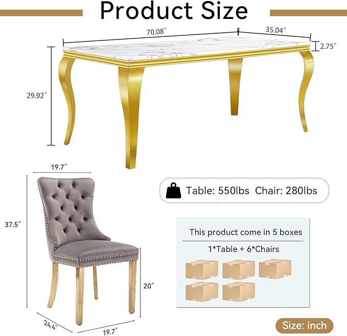 70" Marble Dining Table Set for 6, Modern 7 Piece Dining Room Table Set with White Faux Marble Dining Table & 6 Grey Velvet Upholstered Chairs, Luxury Gold Kitchen Table Chairs Set of 6