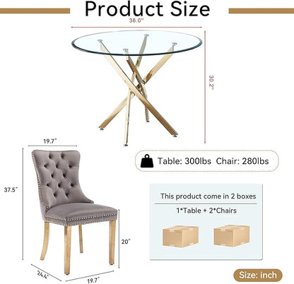 Goujxcy 3 Piece Round Glass Dining Table Set for 2, 36" Round Dining Table & Chair Set Modern Circle Glass Kitchen Table and 2 Velvet Upholstered Chairs for Kitchen Dining (Gold Table & Grey Chair)